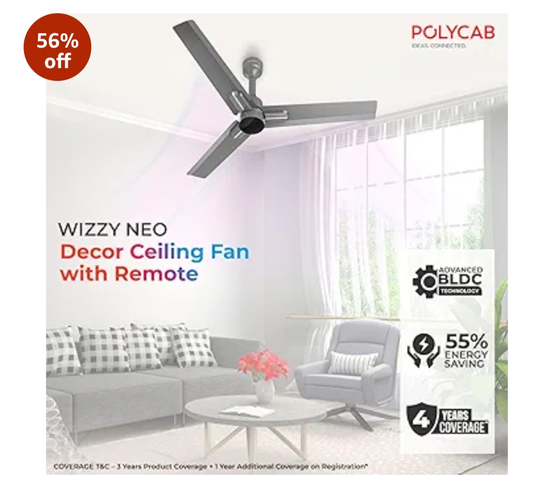 POLYCAB Wizzy Neo 1200mm 5-Star BLDC, Remote Ceiling fan for Living Room| 55% Energy Saving, 100% Copper, High Air Delivery, 6 Speed Setting, Reversible & Timer | 4-yr Warranty【Grey Chrome】 - Image 2